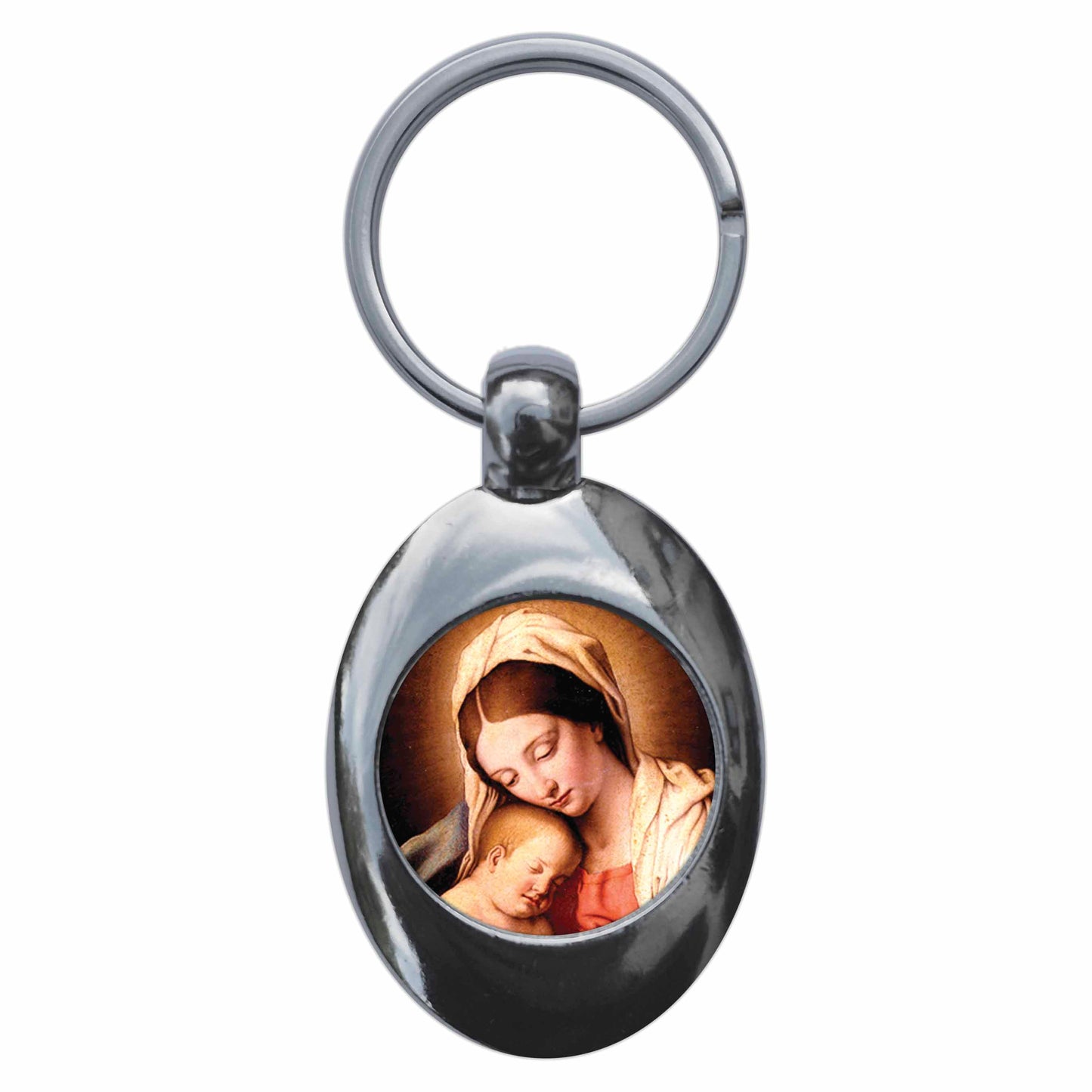 A picture of the front of the product, titled Madonna Virgin Mary Metal Keyring With Trolley Coin