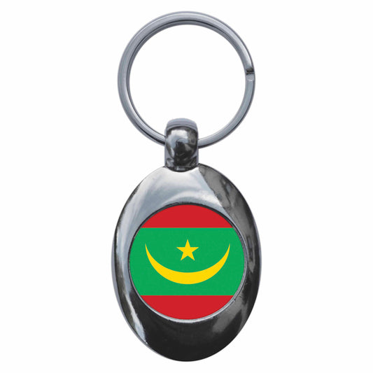 A picture of the front of the product, titled Mauritania Mauritanian National Flag Metal Keyring With Trolley Coin