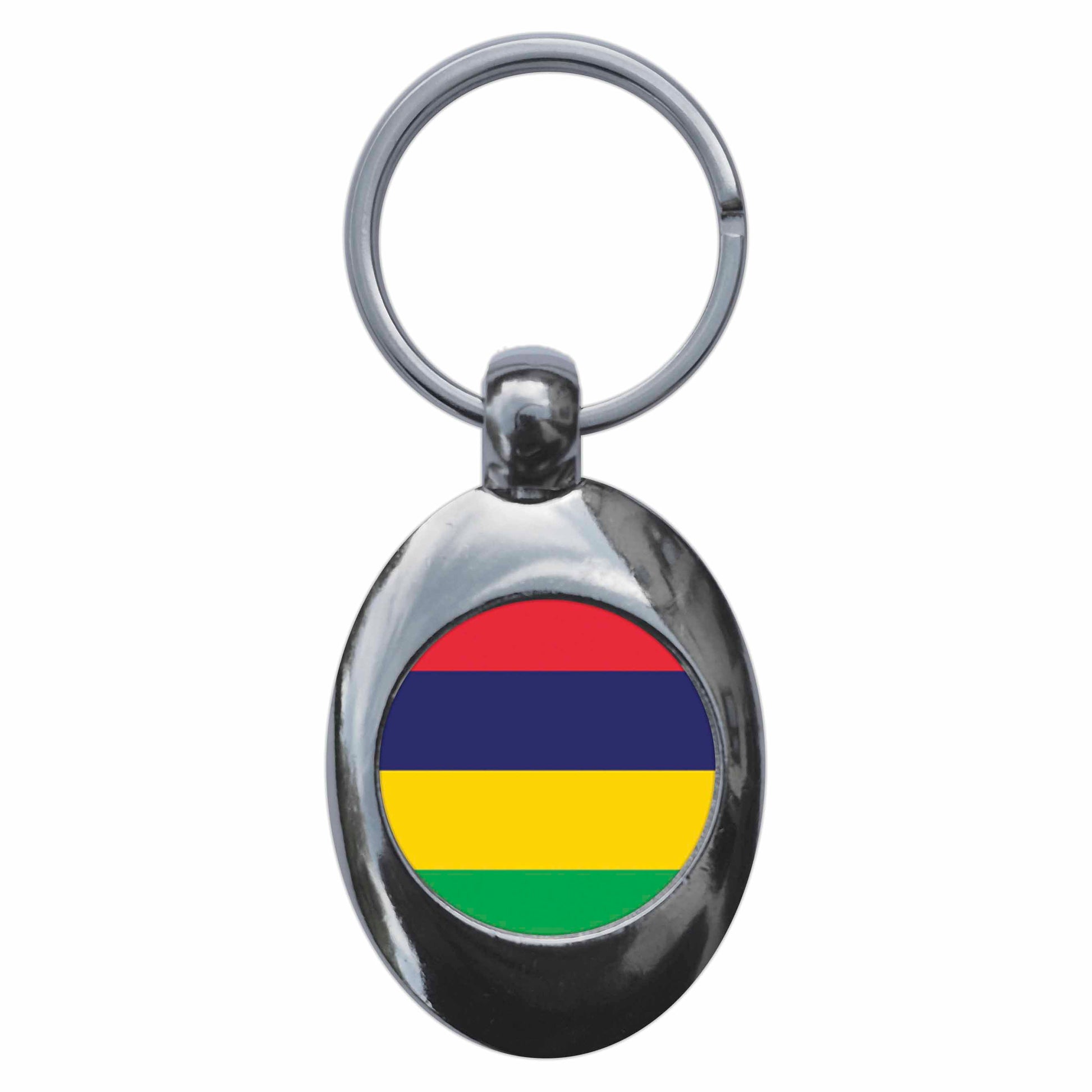 A picture of the front of the product, titled Mauritius Mauritian National Flag Metal Keyring With Trolley Coin