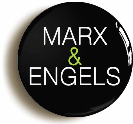 A picture of the front of the product, titled Marx Engels Logo Communism Socialism Funny Button Pin Badge