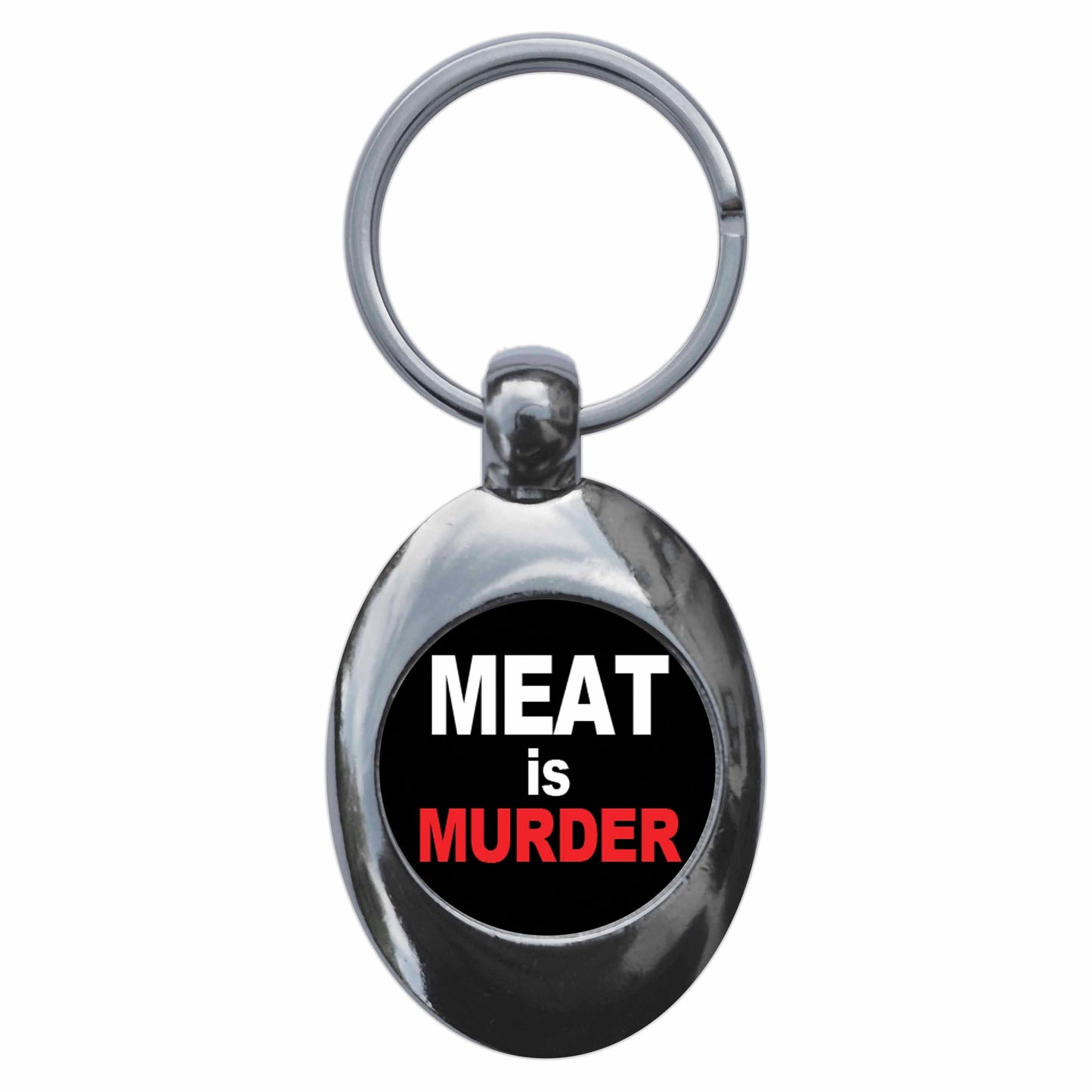 A picture of the front of the product, titled Meat Is Murder Metal Keyring With Trolley Coin