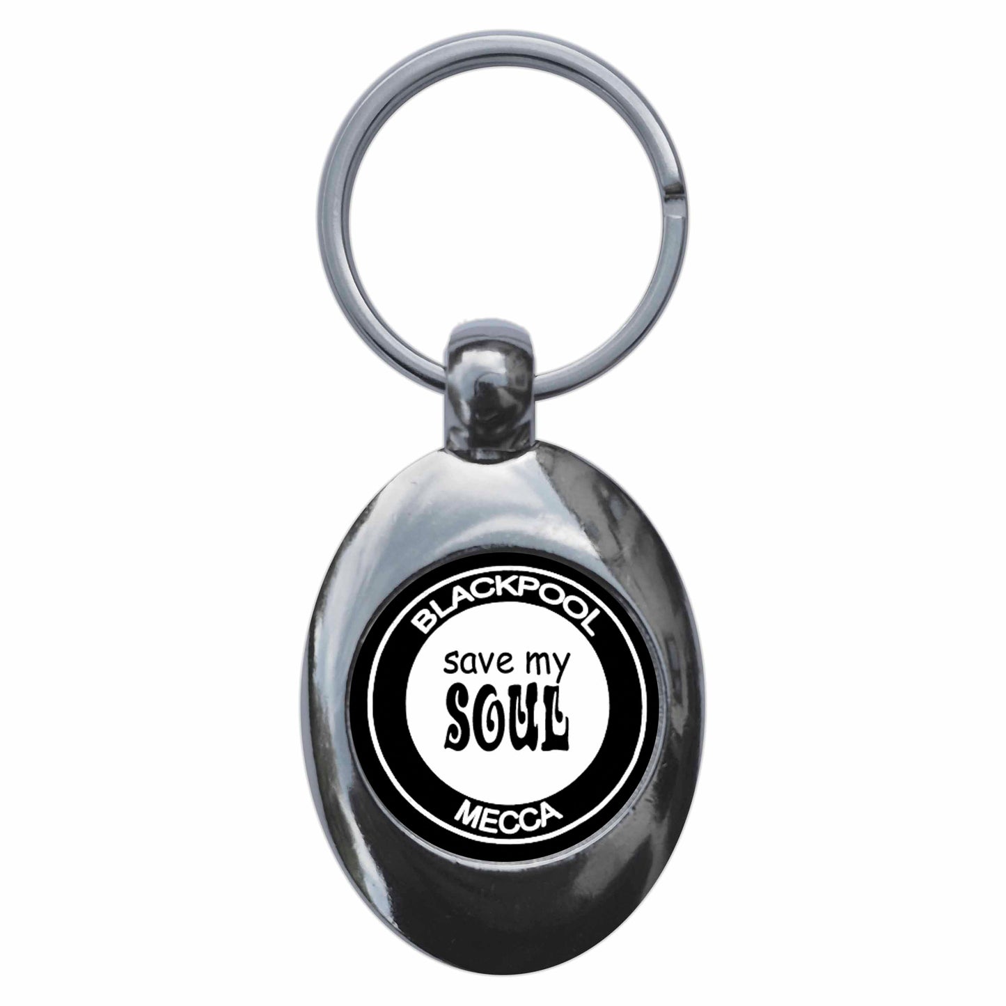A picture of the front of the product, titled Blackpool Mecca Northern Soul Metal Keyring With Trolley Coin