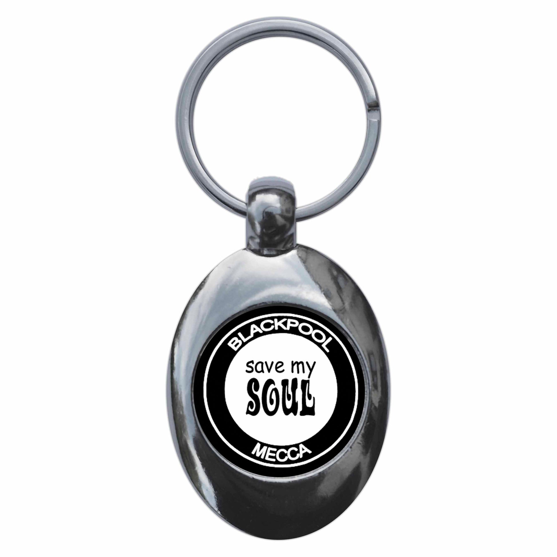 A picture of the front of the product, titled Blackpool Mecca Northern Soul Metal Keyring With Trolley Coin