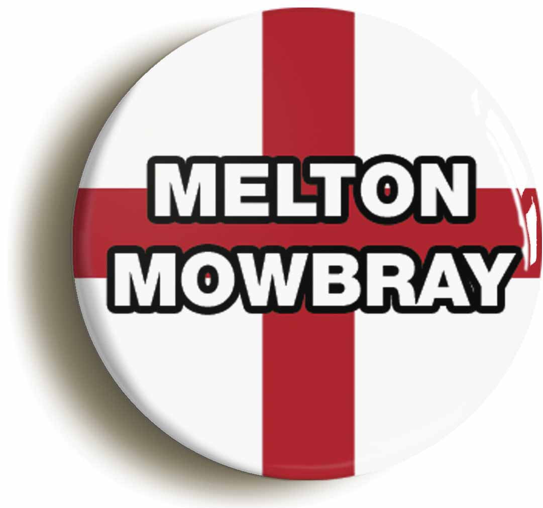 A picture of the front of the product, titled Melton Mowbray England Flag Circular 50mm Fridge Magnet