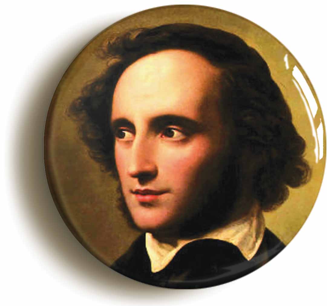 A picture of the front of the product, titled Felix Mendelssohn Romantic Classical Music Button Pin Badge
