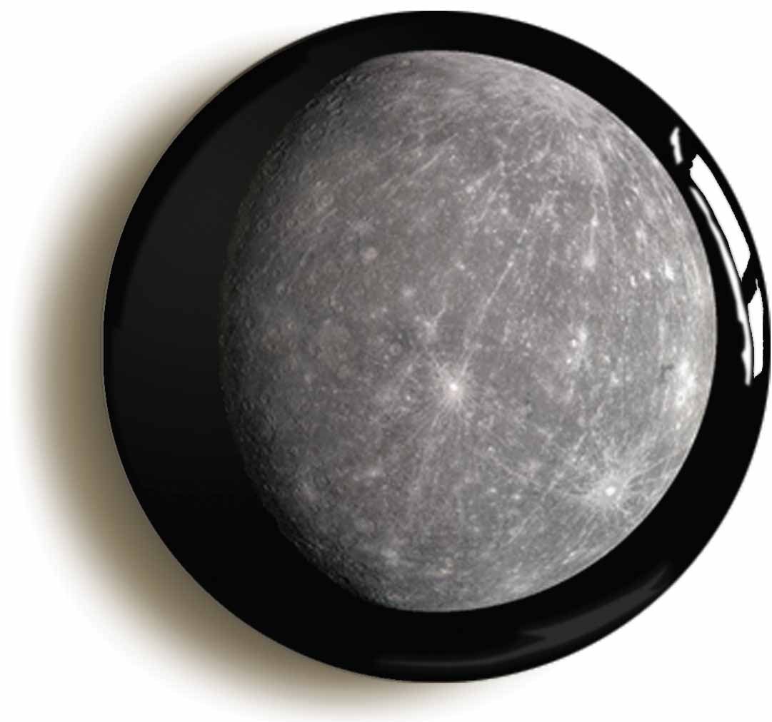 A picture of the front of the product, titled Planet Mercury Button Pin Badge
