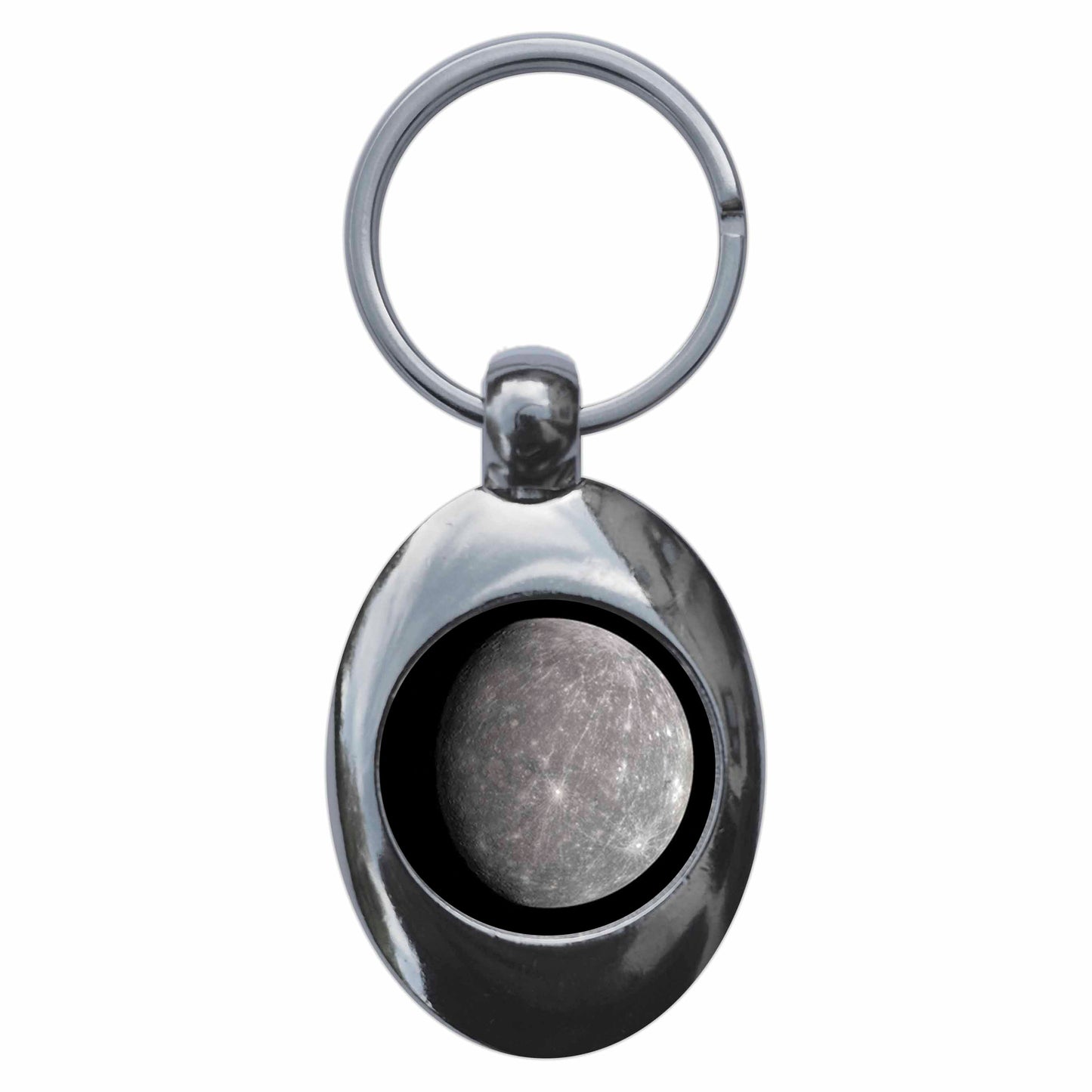 A picture of the front of the product, titled Planet Mercury Metal Keyring With Trolley Coin