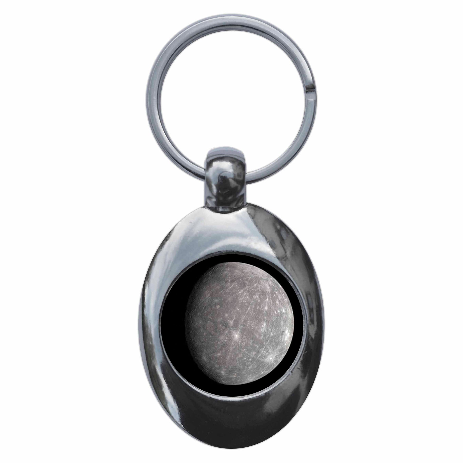A picture of the front of the product, titled Planet Mercury Metal Keyring With Trolley Coin