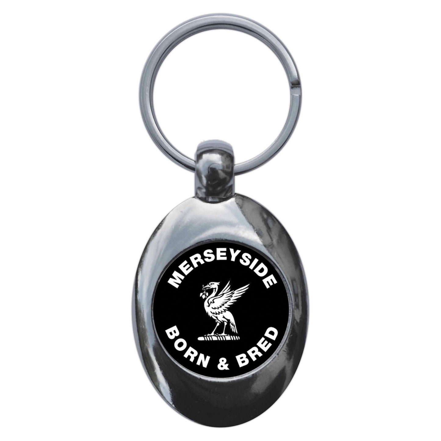 A picture of the front of the product, titled Merseyside Born & Bred Liverpool Metal Keyring With Trolley Coin