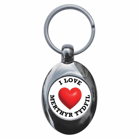 A picture of the front of the product, titled I Heart Love Merthyr Tydfil Metal Keyring With Trolley Coin