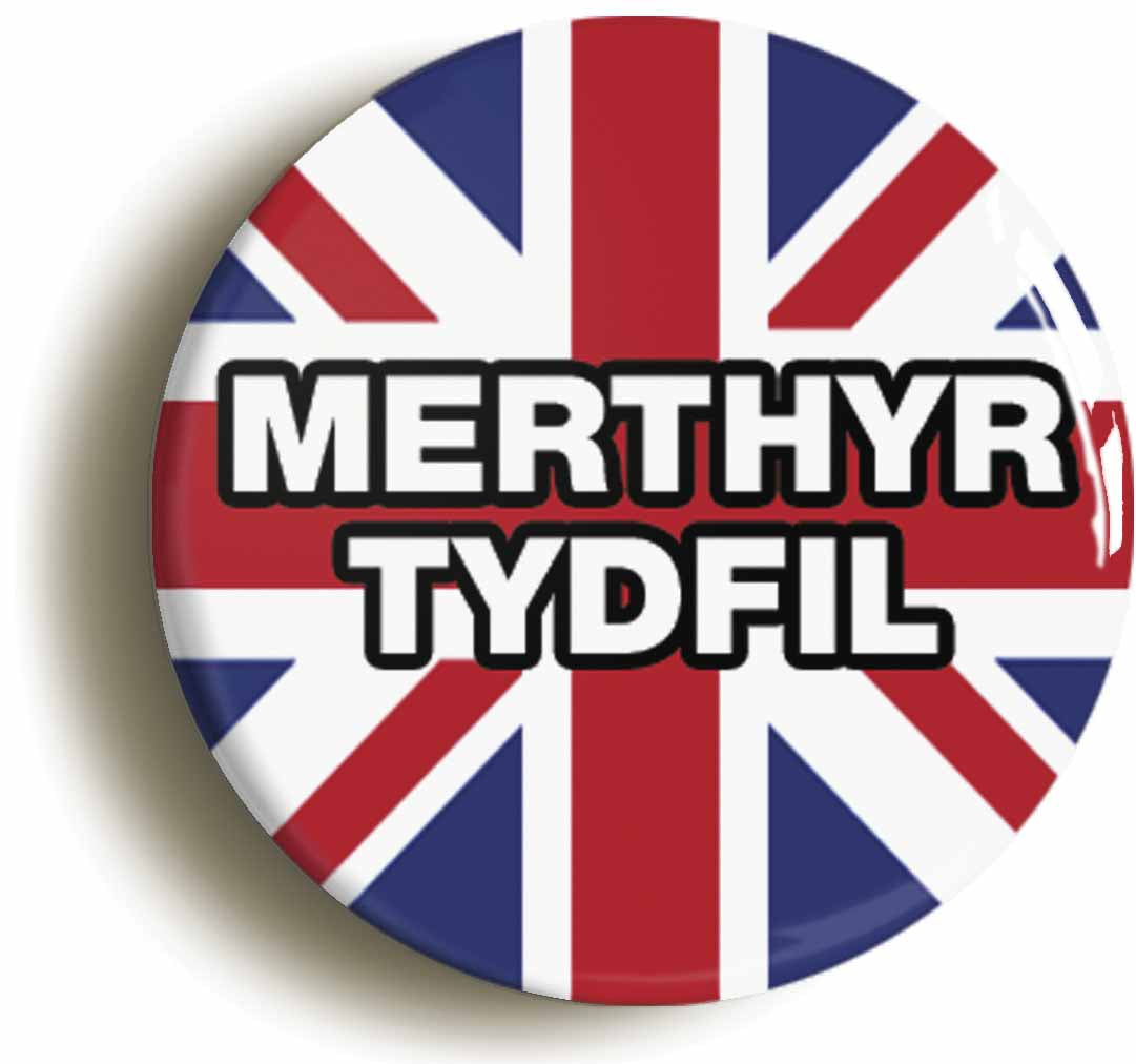 A picture of the front of the product, titled Merthyr Tydfil Union Jack Button Pin Badge