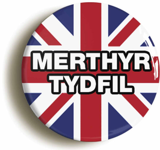 A picture of the front of the product, titled Merthyr Tydfil Union Jack Button Pin Badge