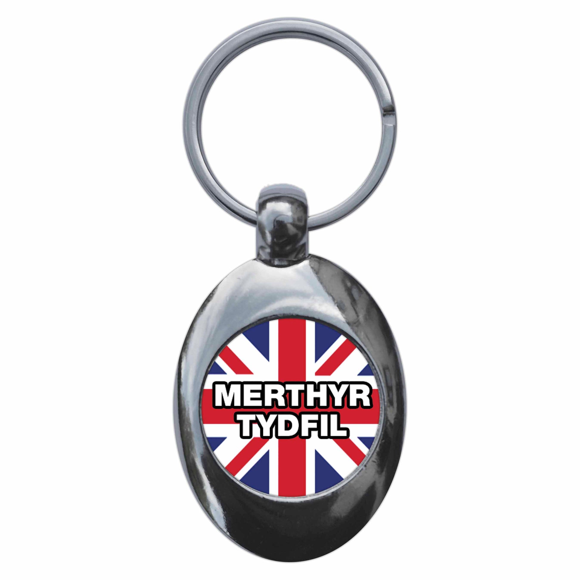 A picture of the front of the product, titled Merthyr Tydfil Union Jack Metal Keyring With Trolley Coin