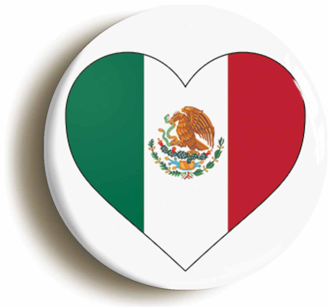 A picture of the front of the product, titled Mexico Mexican Flag Heart Button Pin Badge