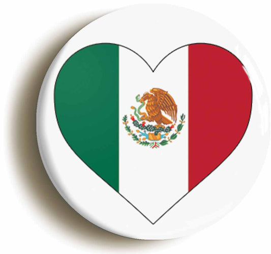 A picture of the front of the product, titled Mexico Mexican Flag Heart Button Pin Badge