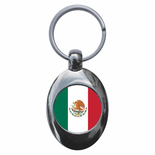 A picture of the front of the product, titled Mexico Mexican National Flag Metal Keyring With Trolley Coin