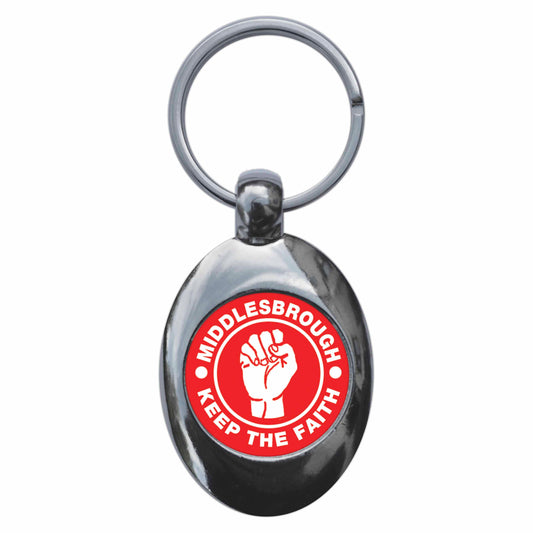 A picture of the front of the product, titled Middlesbrough Keep The Faith Northern Soul Metal Keyring With Trolley Coin