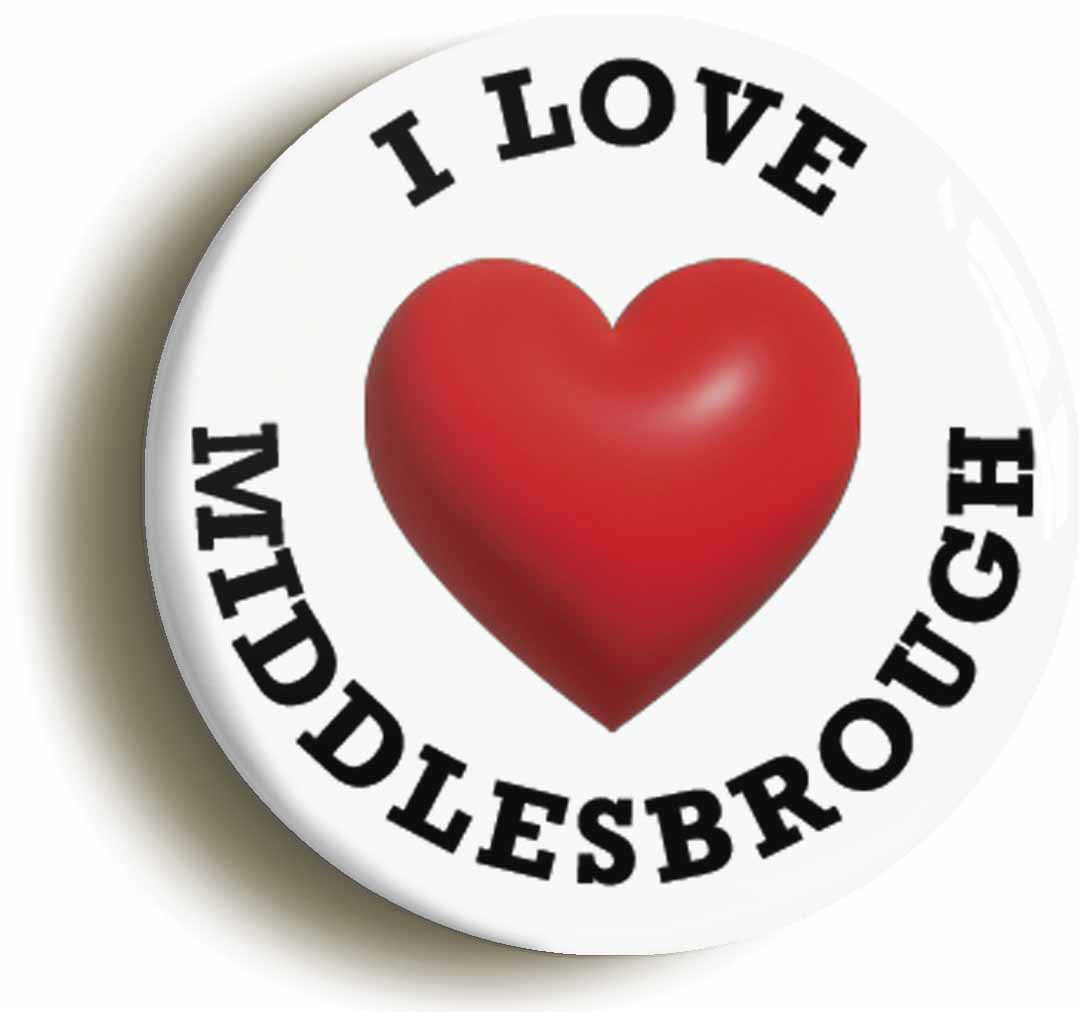 A picture of the front of the product, titled I Heart Love Middlesbrough Location Circular 50mm Fridge Magnet