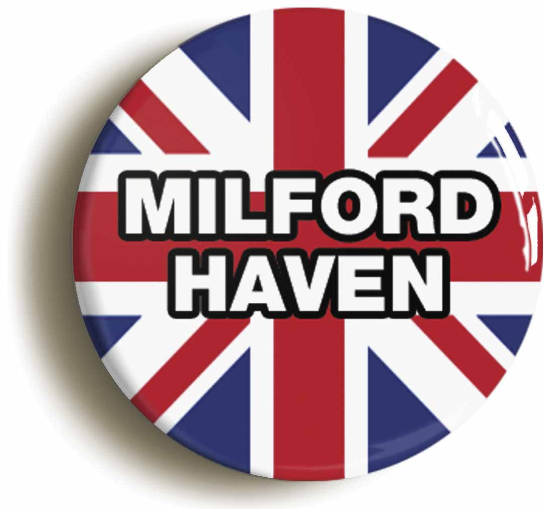 A picture of the front of the product, titled Milford Haven Union Jack Button Pin Badge