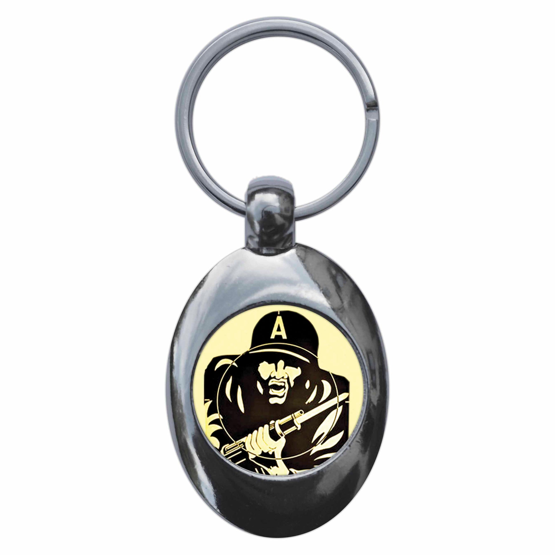 A picture of the front of the product, titled Military Target Metal Keyring With Trolley Coin