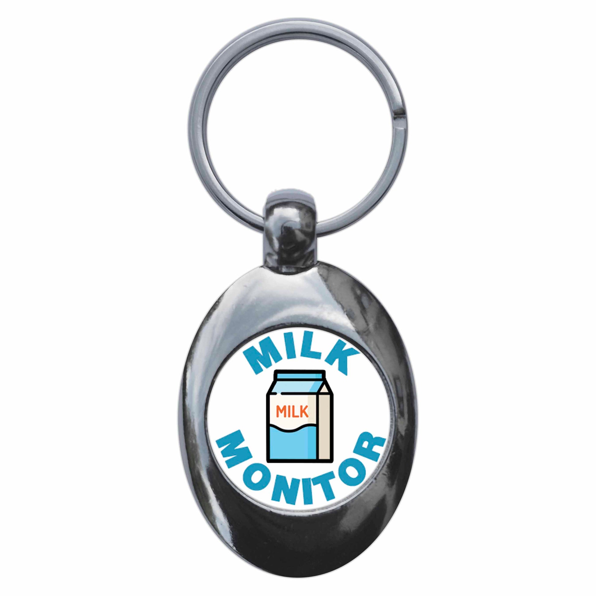A picture of the front of the product, titled Milk Monitor Metal Keyring With Trolley Coin