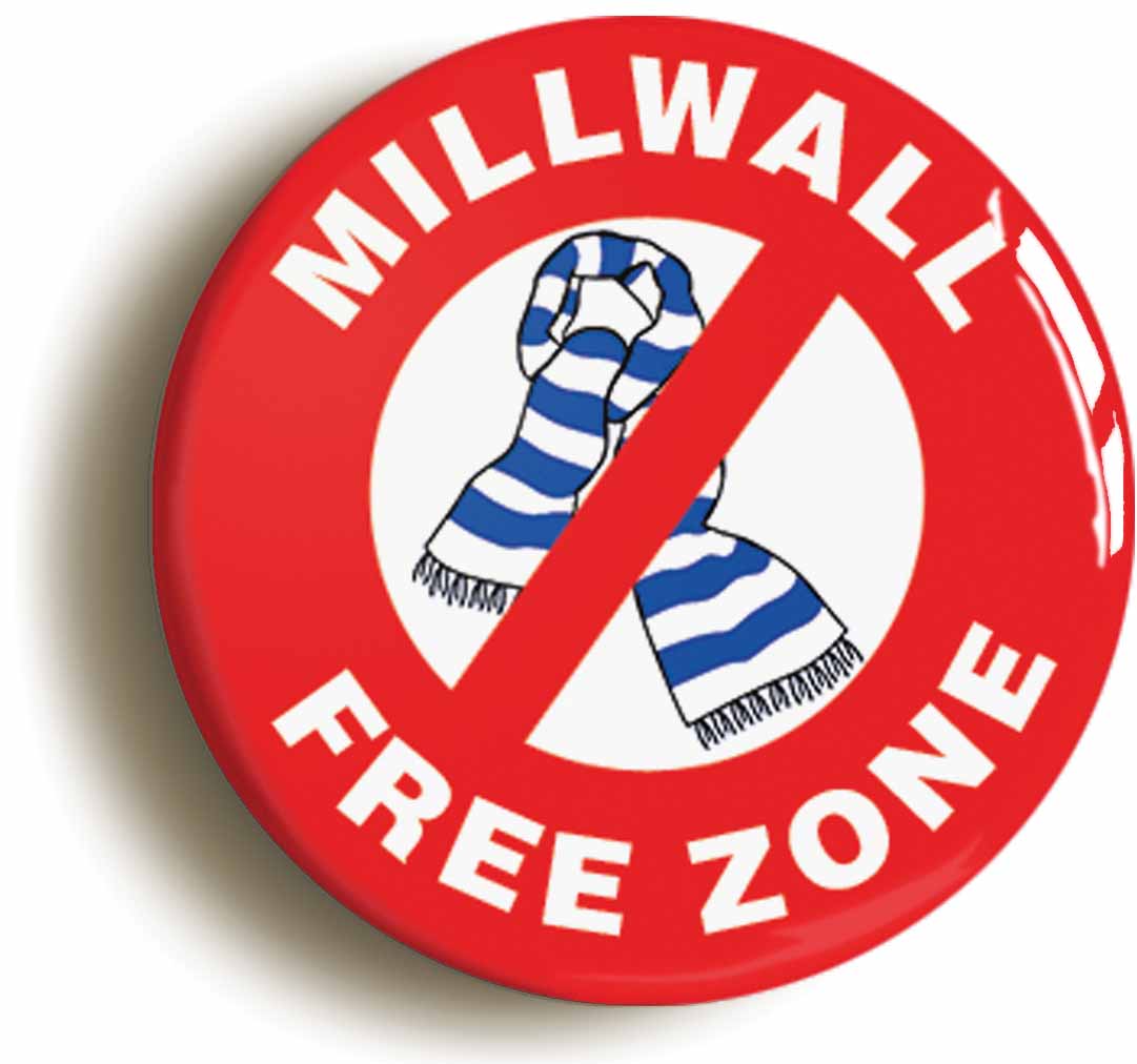 A picture of the front of the product, titled Millwall Free Zone Button Pin Badge