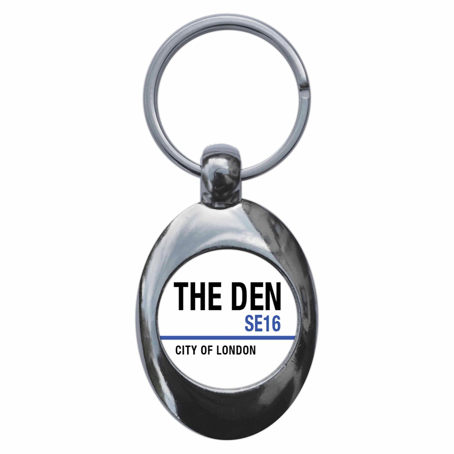 A picture of the front of the product, titled The Den Millwall London SE17 Road Sign Metal Keyring With Trolley Coin