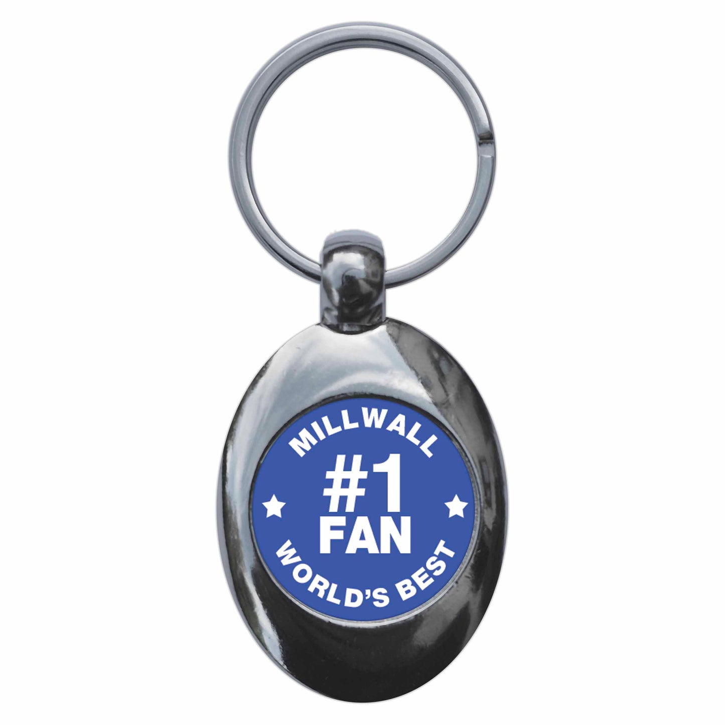 A picture of the front of the product, titled Millwall #1 Fan Metal Keyring With Trolley Coin
