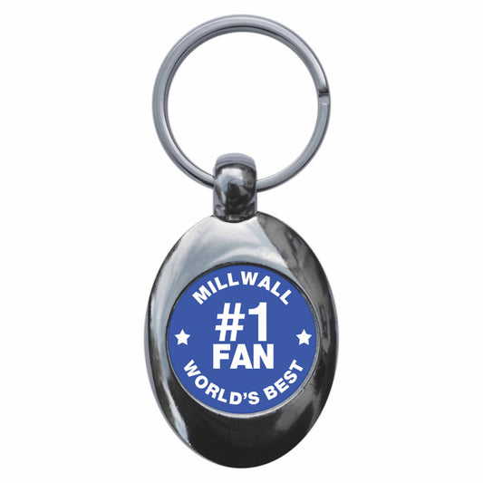 A picture of the front of the product, titled Millwall #1 Fan Metal Keyring With Trolley Coin