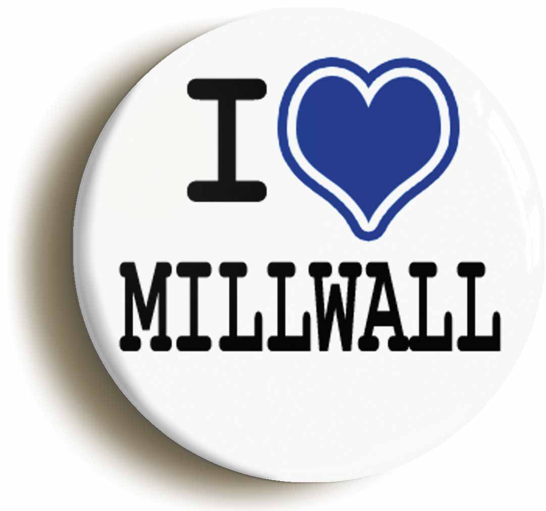 A picture of the front of the product, titled I Heart Love Millwall Button Pin Badge