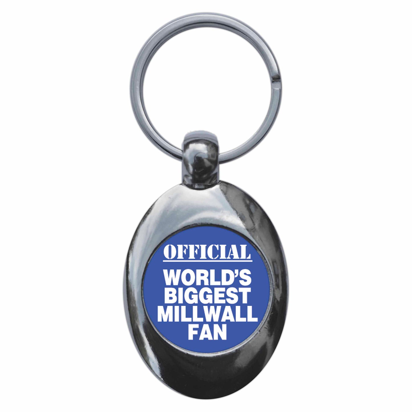 A picture of the front of the product, titled World's Biggest Millwall Fan Metal Keyring With Trolley Coin