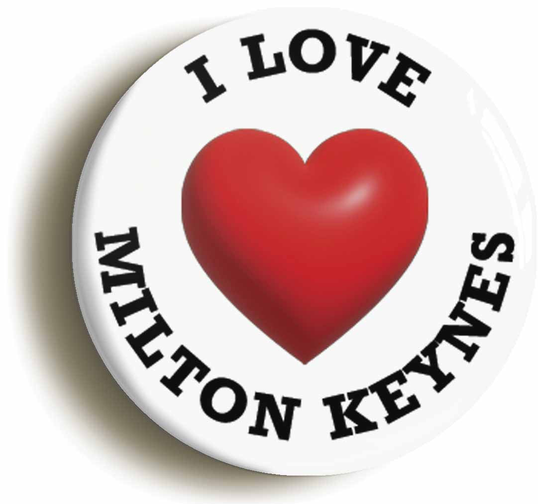 A picture of the front of the product, titled I Heart Love Milton Keynes Location Button Pin Badge