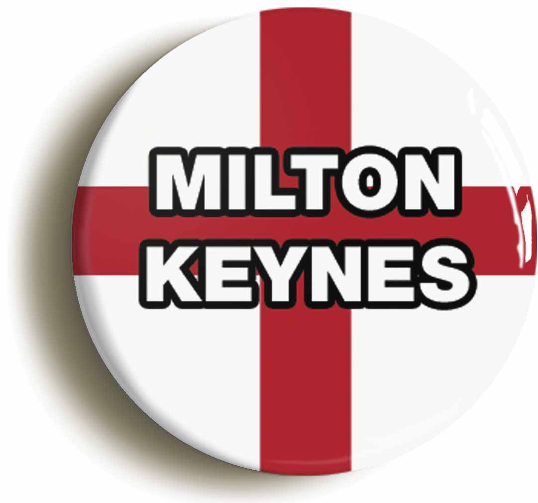 A picture of the front of the product, titled Milton Keynes England Flag Circular 50mm Fridge Magnet