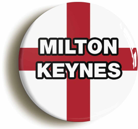 A picture of the front of the product, titled Milton Keynes England Flag Circular 50mm Fridge Magnet