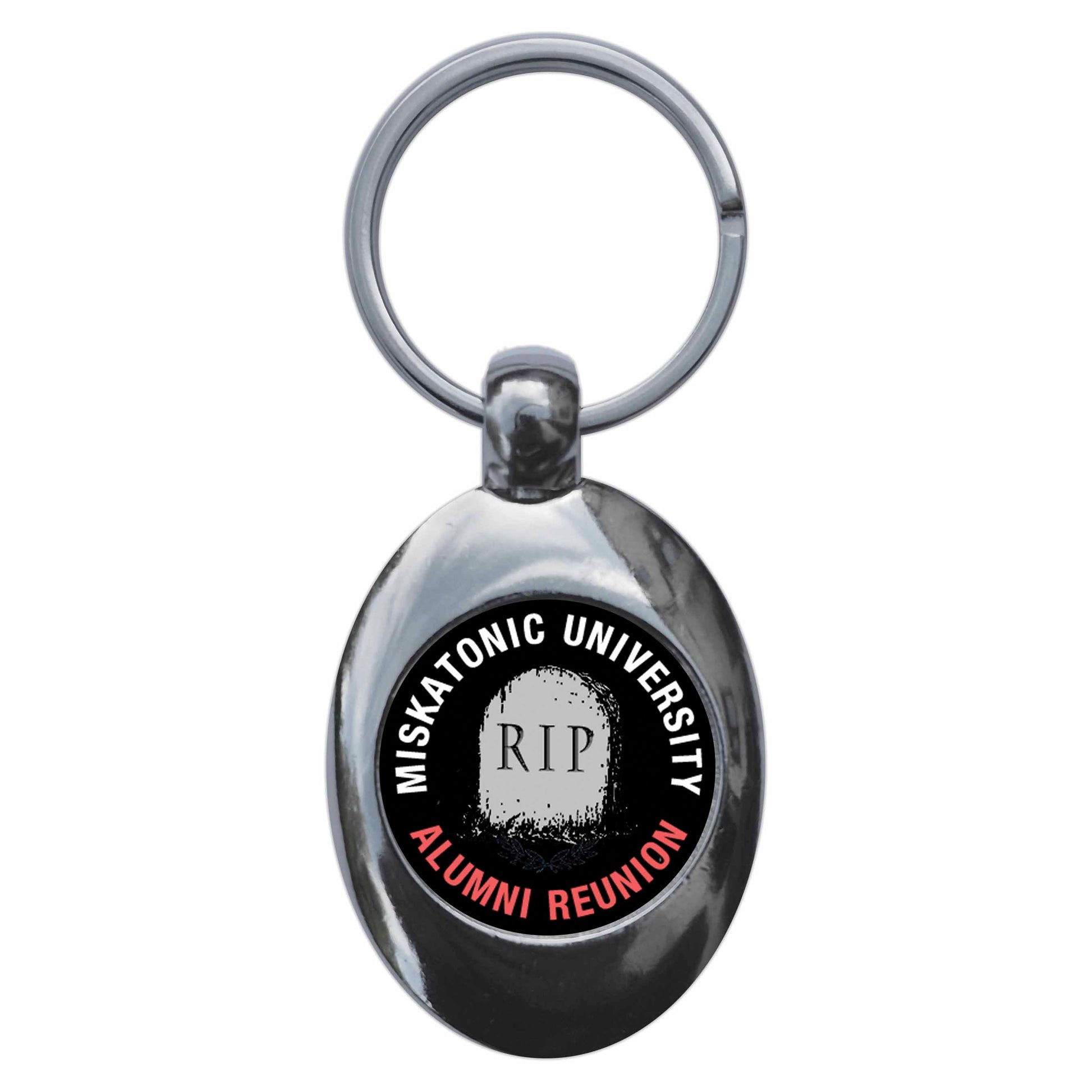 A picture of the front of the product, titled Miskatonic University Alumni Reunion Metal Keyring With Trolley Coin