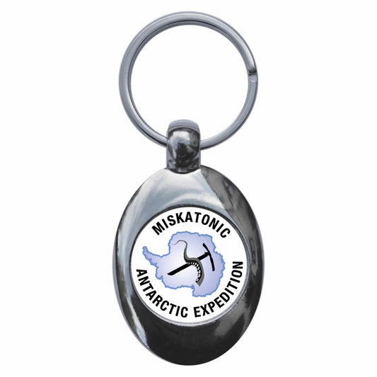 A picture of the front of the product, titled Miskatonic Antarctic Expedition Metal Keyring With Trolley Coin