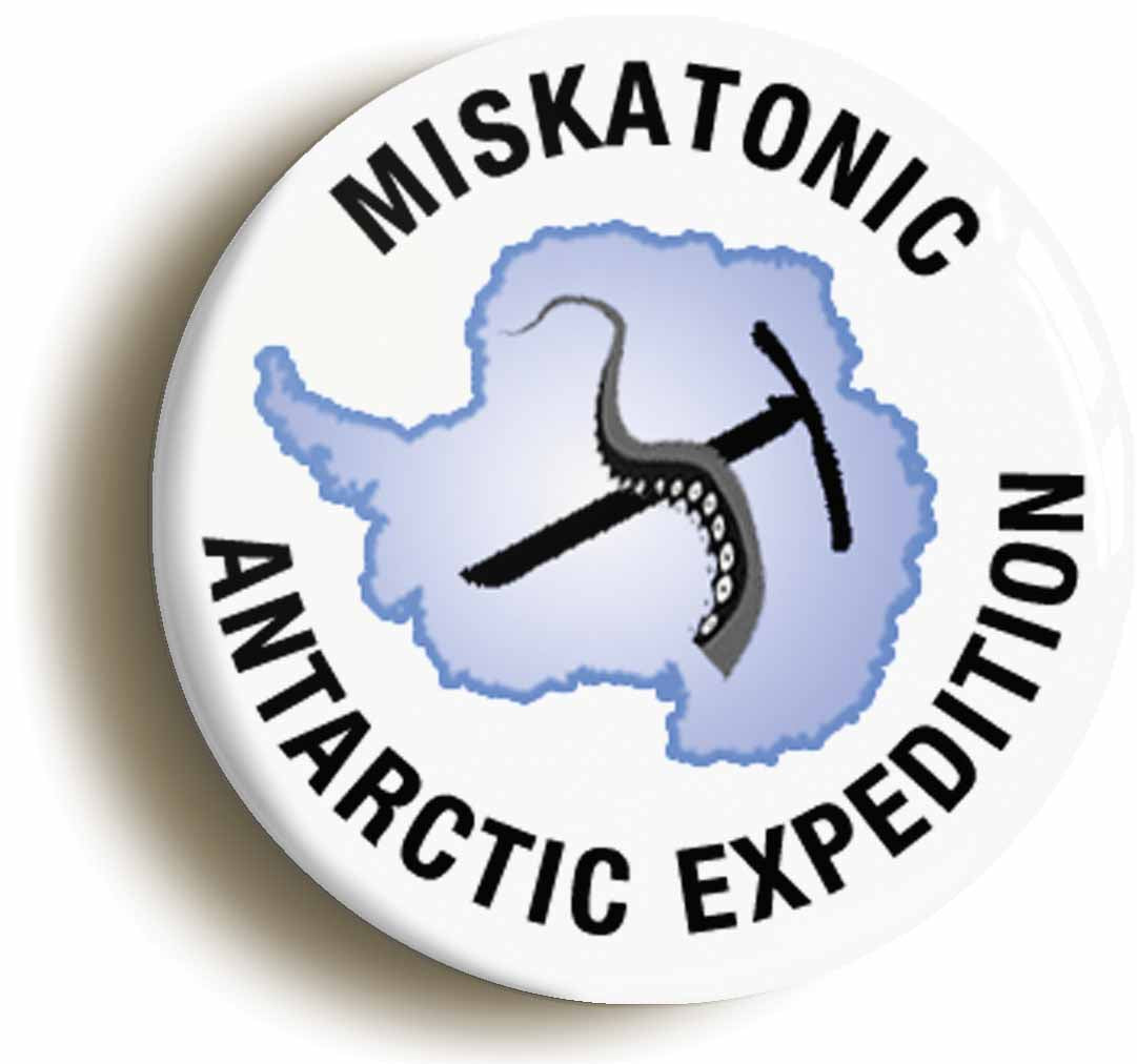 A picture of the front of the product, titled Miskatonic Antarctic Expedition Circular 50mm Fridge Magnet