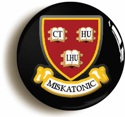 A picture of the front of the product, titled Miskatonic University Crest Button Pin Badge