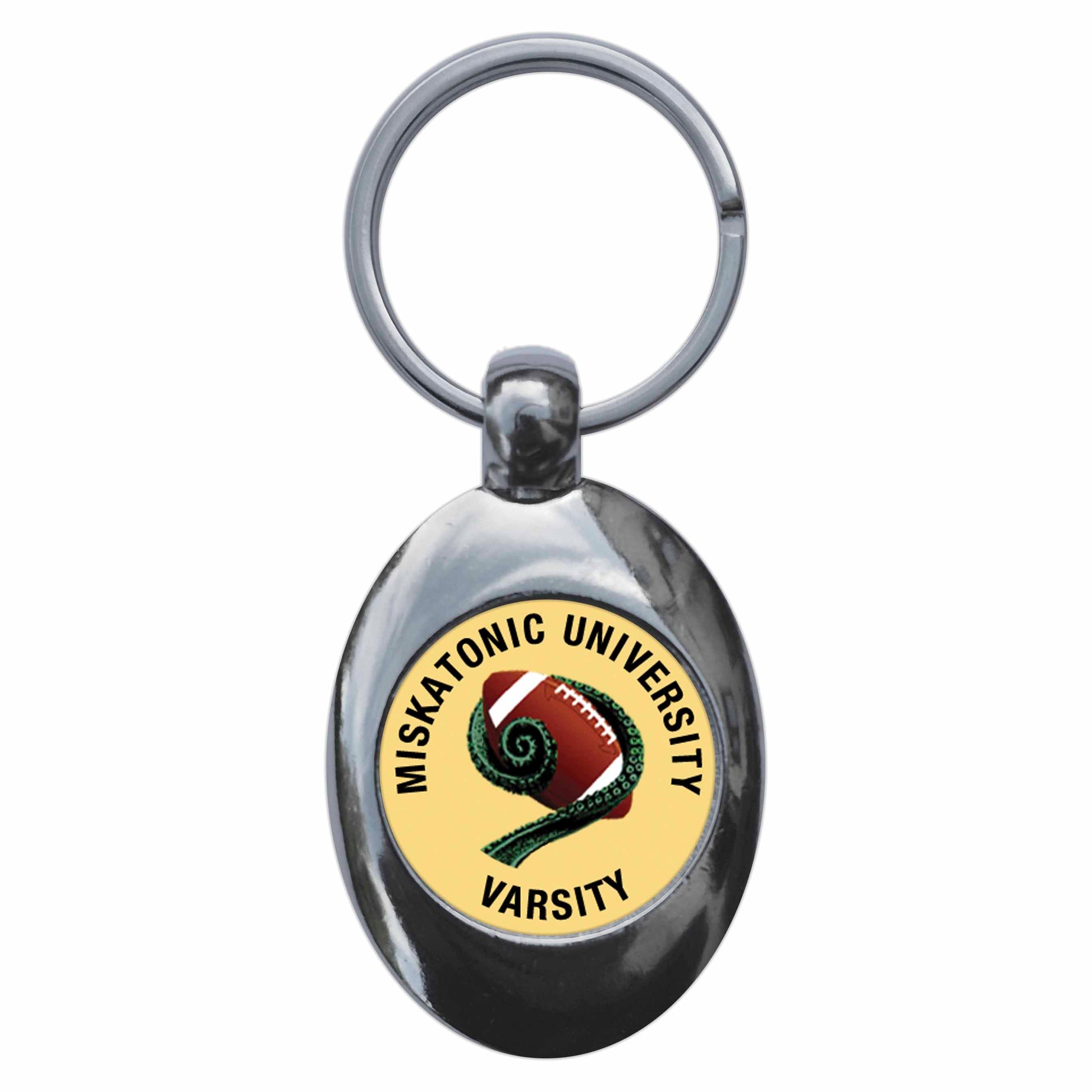 A picture of the front of the product, titled Miskatonic University Varsity Metal Keyring With Trolley Coin