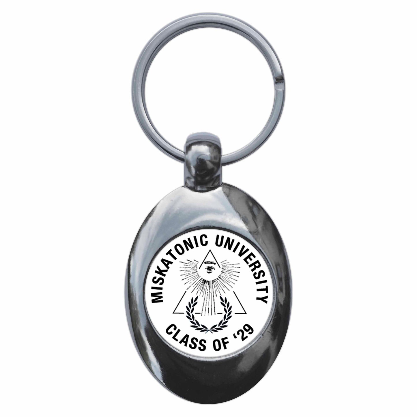 A picture of the front of the product, titled Miskatonic University Class Of 29 Expedition Metal Keyring With Trolley Coin