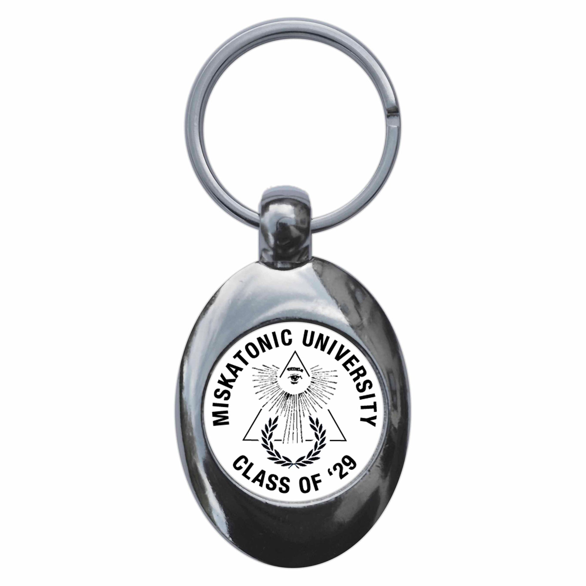 A picture of the front of the product, titled Miskatonic University Class Of 29 Expedition Metal Keyring With Trolley Coin