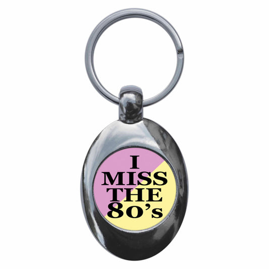 A picture of the front of the product, titled I Miss The 80s Metal Keyring With Trolley Coin