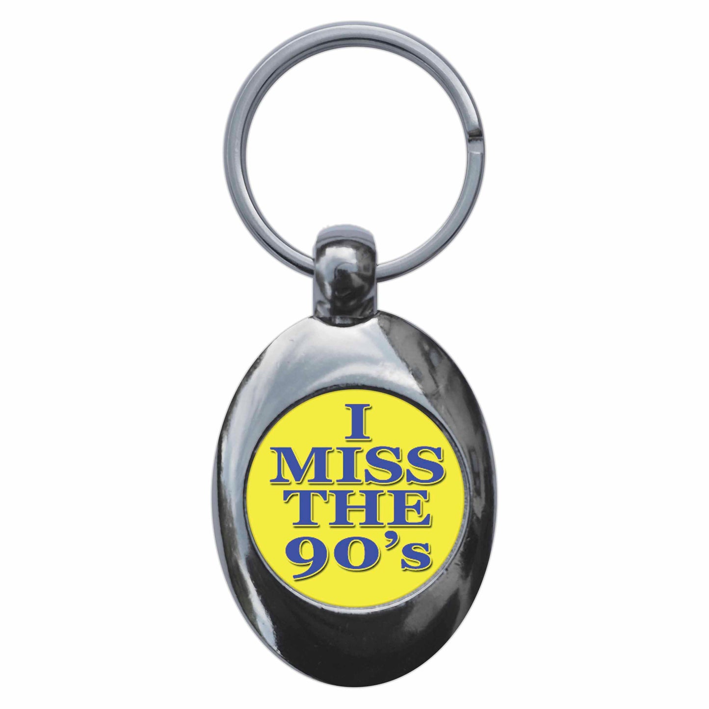 A picture of the front of the product, titled I Miss The 90s Metal Keyring With Trolley Coin