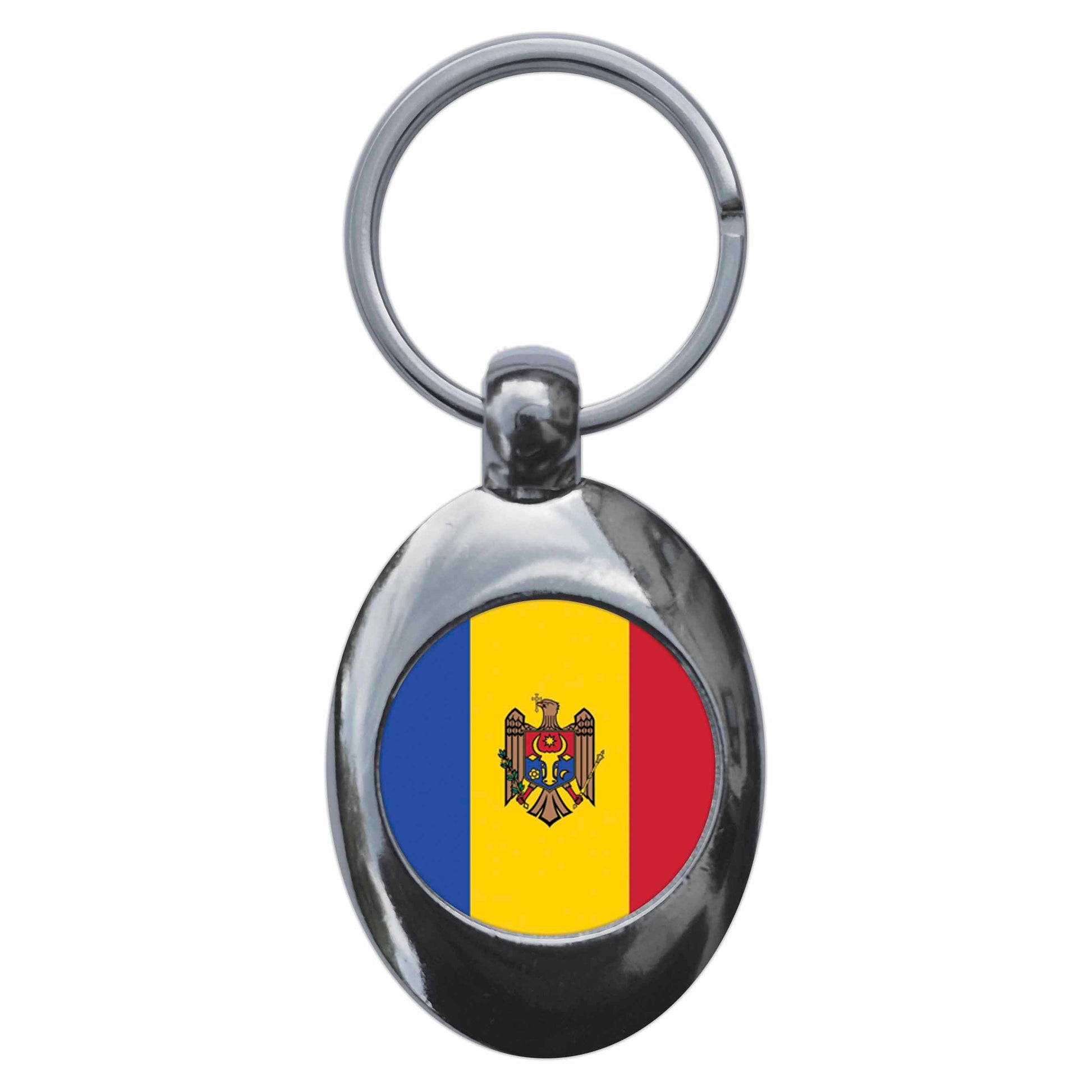 A picture of the front of the product, titled Moldova Moldovan National Flag Metal Keyring With Trolley Coin