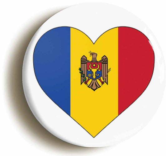 A picture of the front of the product, titled Moldova Moldovan Flag Heart Button Pin Badge