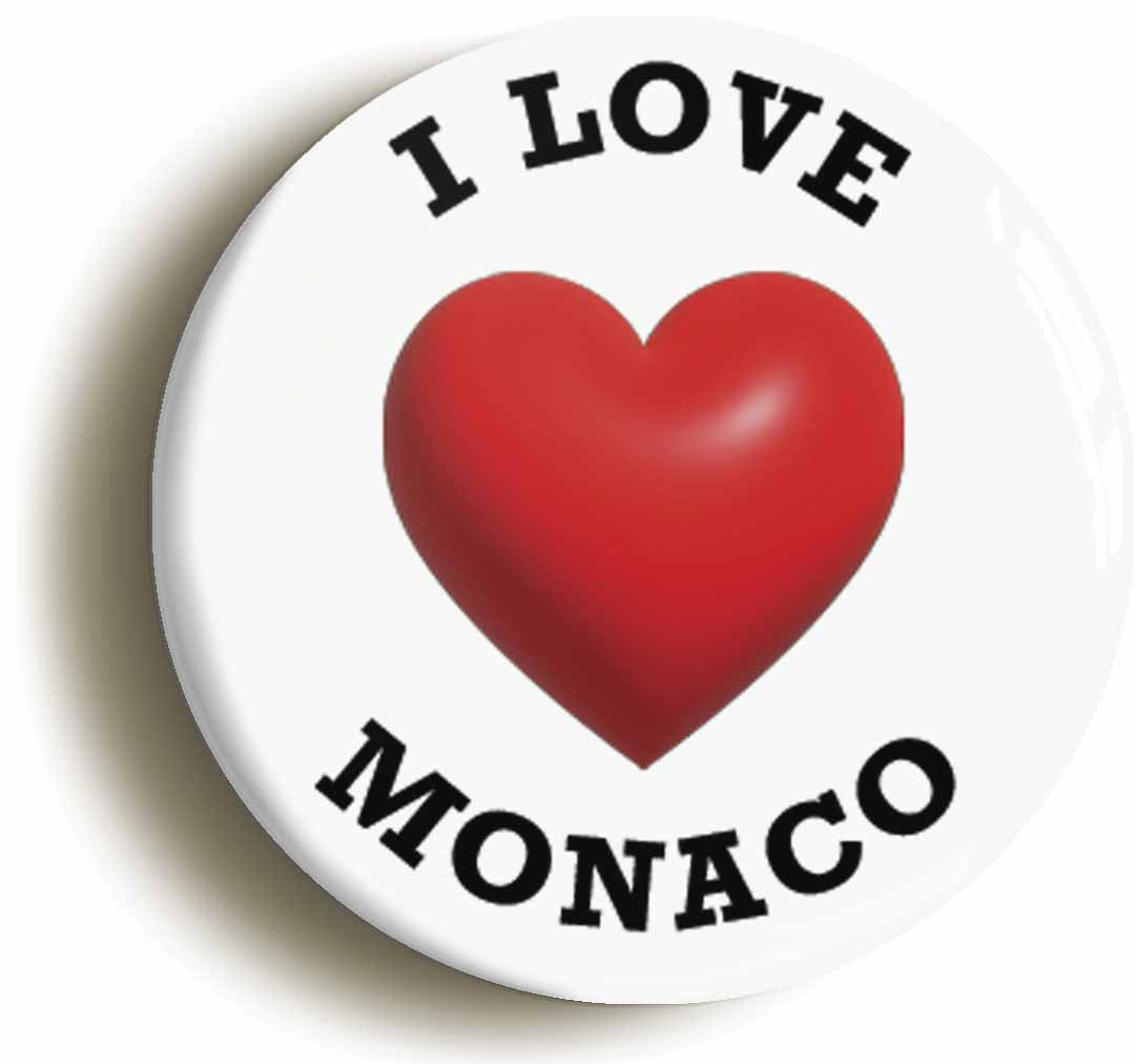 A picture of the front of the product, titled I Heart Love Monaco Location Circular 50mm Fridge Magnet