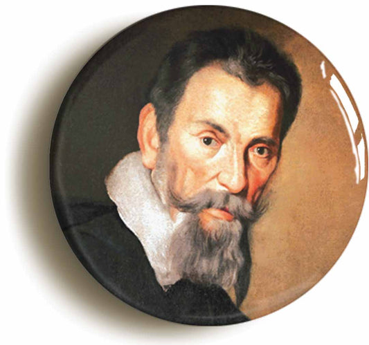 A picture of the front of the product, titled Claudio Monteverdi Classical Music Button Pin Badge