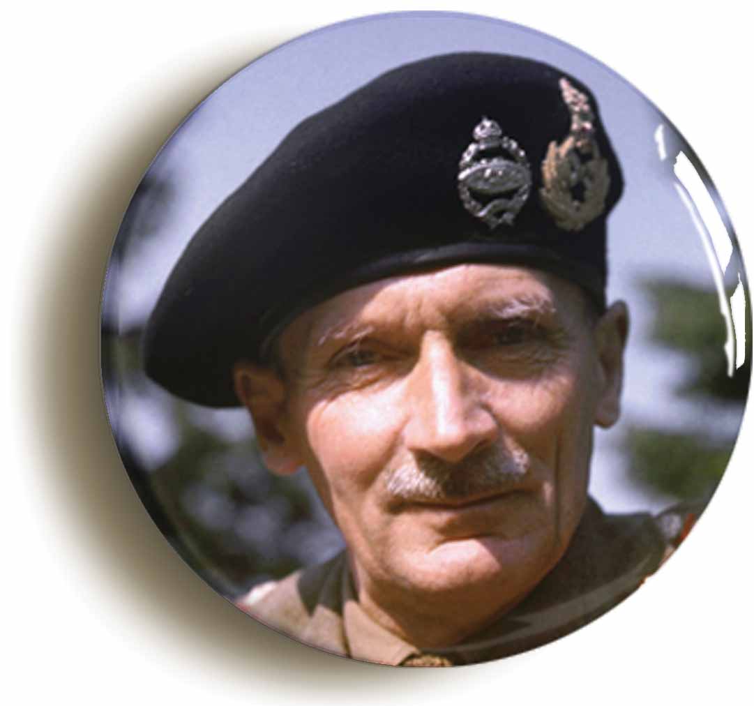 A picture of the front of the product, titled Field Marshall Sir Bernard Montgomery Button Pin Badge