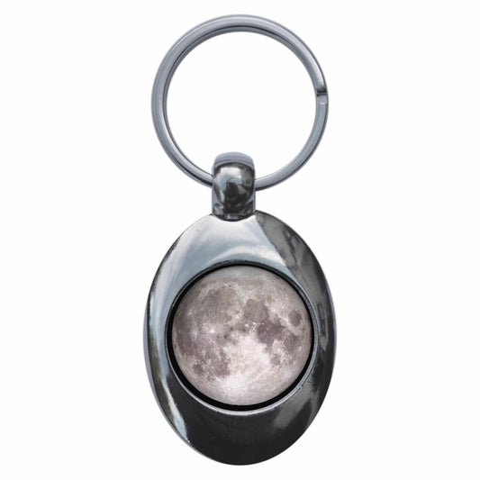 A picture of the front of the product, titled The Moon Metal Keyring With Trolley Coin