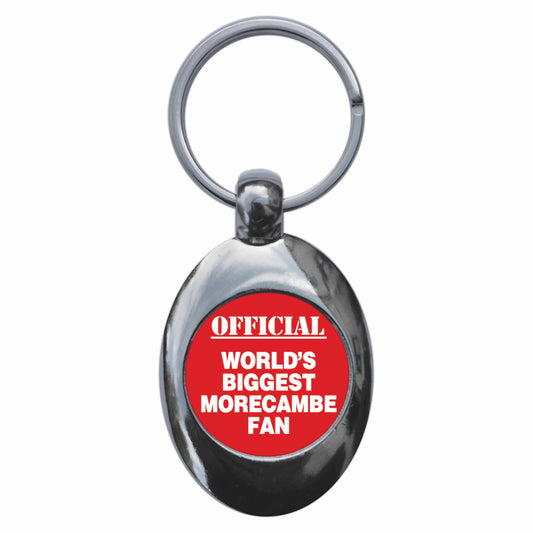 A picture of the front of the product, titled World's Biggest Morecambe Fan Metal Keyring With Trolley Coin